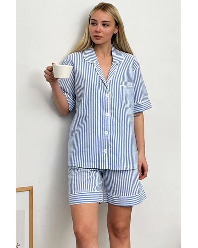 Trend Alaçatı Stili Gestreiftes pyjama-set mit shorts alc-x11660 - Blau
