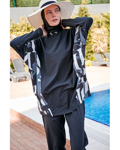 Marina Parachute 3-teiliger gemusterter, vollständig bedeckter hijab-badeanzug m2277 - Blau