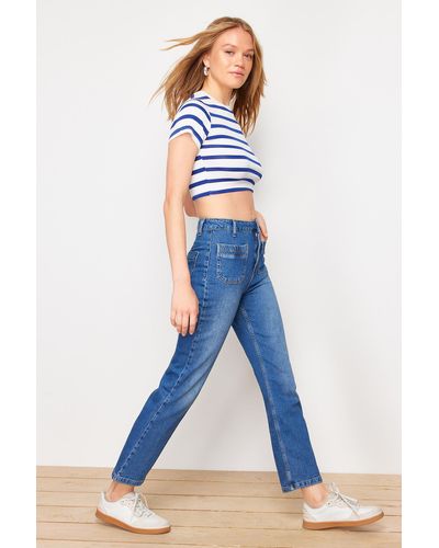Trendyol E high waist straight jeans mit taschendetail - Blau