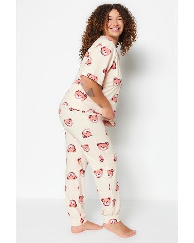 Trendyol Farbenes pyjama-set aus strick mit teddybär-muster - Natur