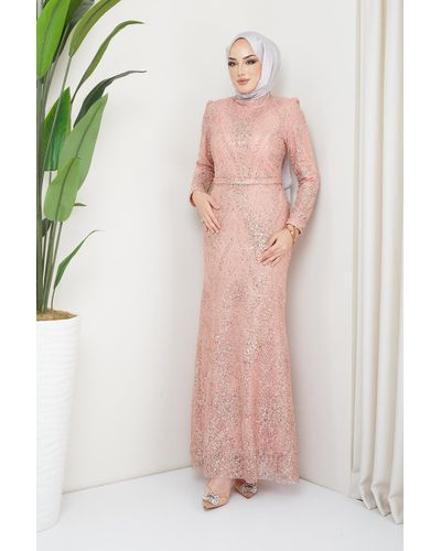 Olcay Glitzer und pailletten erbsen hijab abendkleid lachs - Pink