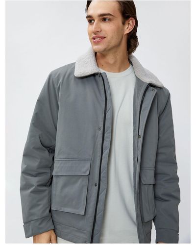Koton Jacke mit plüschkragen und reißverschlusstasche - Grau