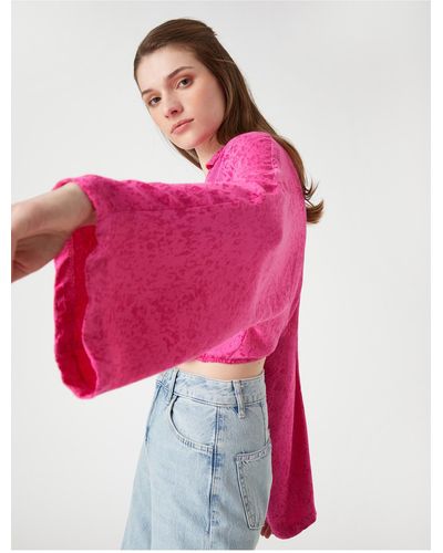 Koton Crop-bluse, wickel-hemdkragen, lange ärmel - Pink