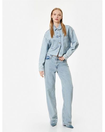 Koton Nora longer straight jeans – niedrige taille und jeans mit steindetail - Blau