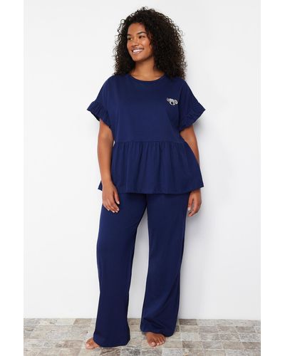 Trendyol Marineblaues pyjama-set aus strick mit besticktem volant
