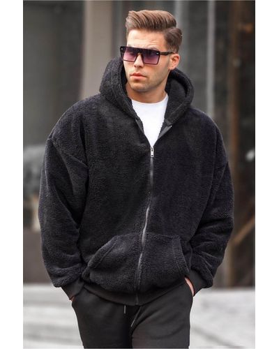 Madmext Es plüsch-over-fit-sweatshirt mit kapuze und reißverschluss - Schwarz