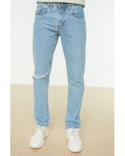 Trendyol E straight-fit-jeans mit zerrissenen details - Blau