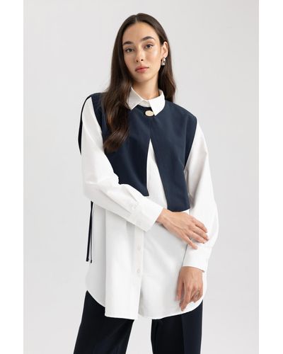 Defacto Langarm-tunika aus popeline mit hemdkragen und normaler passform - Weiß
