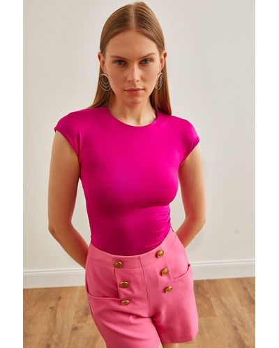 Olalook Fuchsiafarbene, flexible doppelschicht-bluse aus polyamid - Pink