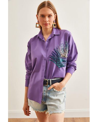 Olalook Übergroßes hemd mit palmenpailletten-detail popeline gewebt - Lila