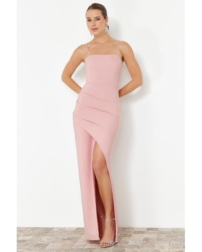 Trendyol Langes abendkleid aus gewebten getrockneten rosen - Pink