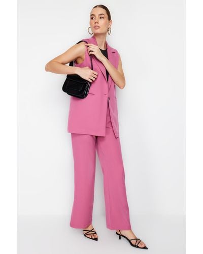Trendyol Farbene weste mit normaler passform und gewebter bottom-top-anzug mit weitem bein bzw. hose mit weitem bein - Pink