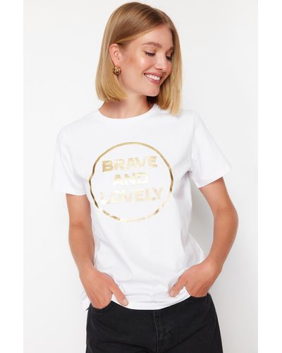 Trendyol Es strick-t-shirt mit folien-/glanzdruck, regular/regular fit, 100 % baumwolle - Weiß
