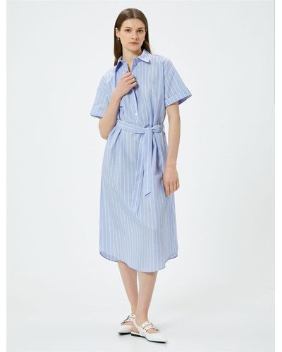 Koton Midi-hemdkleid mit taillengürtel – kurze ärmel und knopfleiste - Blau