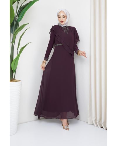 Olcay Chiffon-hijab-abendkleid mit stein- und schwungraddetails dam - Lila