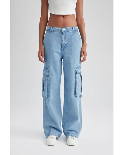 Defacto Lange jeanshose mit weitem bein und cargotasche - Blau