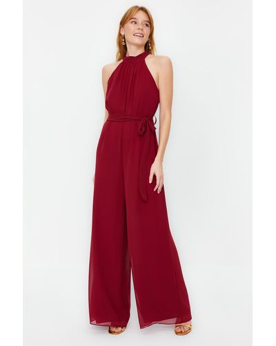Trendyol Collection Burgunderfarbener maxi-chiffon-weboverall - Rot