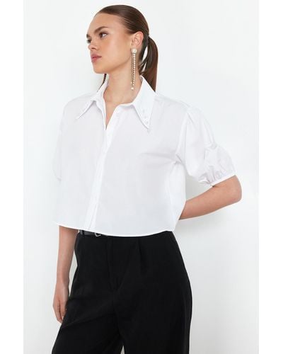 Trendyol Es popeline-hemd mit perlendetail - Weiß