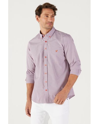 AC&Co / Altınyıldız Classics Marineblau-rotes slim-fit-hemd mit knopfkragen und logo-streifen aus baumwolle mit tasche - Lila