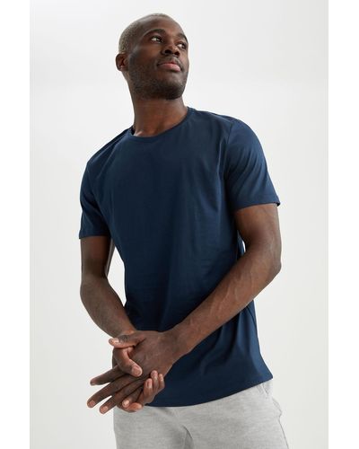 Defacto Regular fit premium qualität mercerisiertes kurzarm-t-shirt aus gekämmter baumwolle mit rundhalsausschnitt - Blau