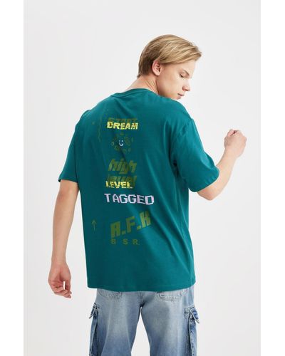 Defacto T-shirt mit rundhalsausschnitt und aufdruck, kurzärmelig, bequemer passform, b5333ax24sp - xs - Grün