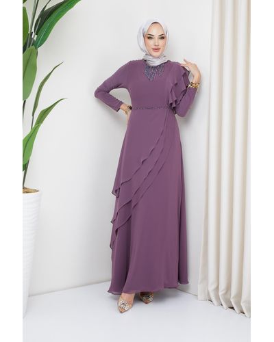 Olcay Abendkleid aus chiffon mit hijab und perlenverzierung, - Lila
