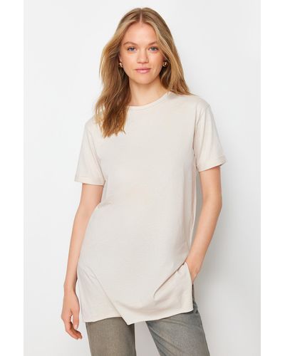 Trendyol Braun-beige 2er-pack geschlitzte, kurzärmlige basic-strick-t-shirts mit rundhalsausschnitt - Weiß