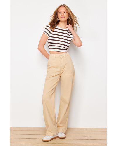 Trendyol Kamelfarbene jeans mit hoher taille und weitem bein im 90er-stil - Natur