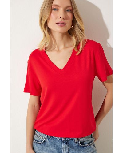 Happiness İstanbul Happiness istanbul es basic-t-shirt aus viskose-strick mit v-ausschnitt - Rot