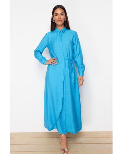 Trendyol Es, seitlich gebundenes, gewebtes hemdkleid in leinenoptik - Blau