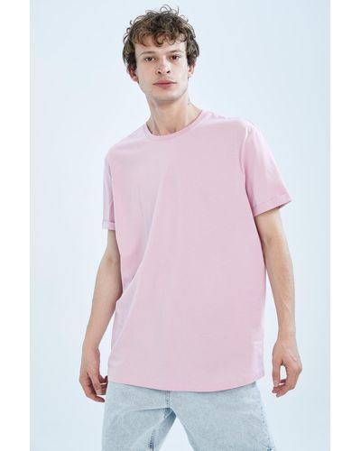 Defacto Lang geschnittenes basic-t-shirt aus 100 % baumwolle mit langem rundhalsausschnitt - Pink