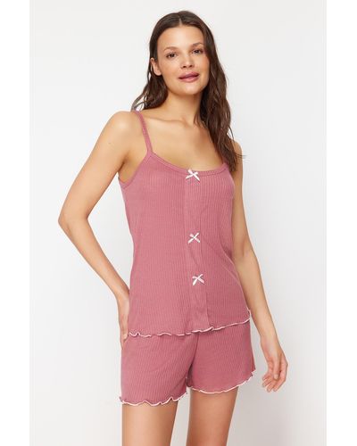 Trendyol Dried rose ribbon detailliertes cord-strick-pyjama-set - Pink
