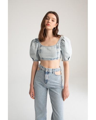 Defacto Slim-fit-jeans-top mit ballonärmeln und reißverschluss aus 100 % baumwolle - Blau