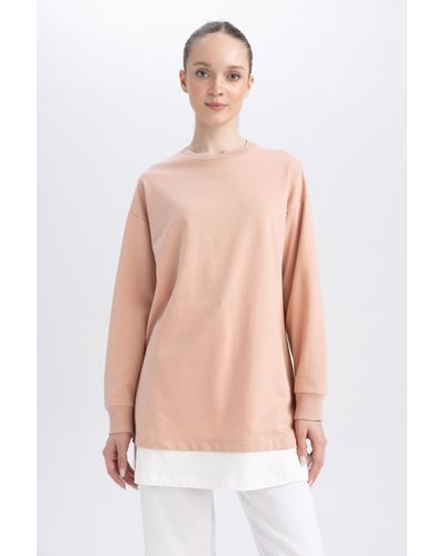 Defacto Sweatshirt-tunika mit normaler passform und rundhalsausschnitt - Pink