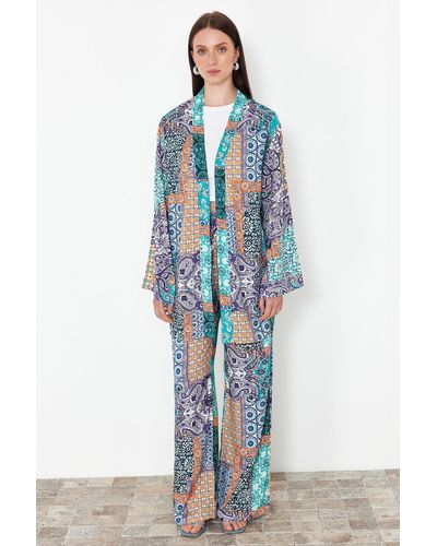 Trendyol Er kimono mit schalkragen und weitem bein, gewebtes viskoseoberteil und unterteil - Blau
