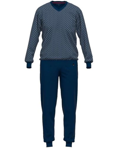 Bugatti Schlafanzug, 2-tlg. set lang, pyjama. v-ausschnitt, baumwolle - Blau