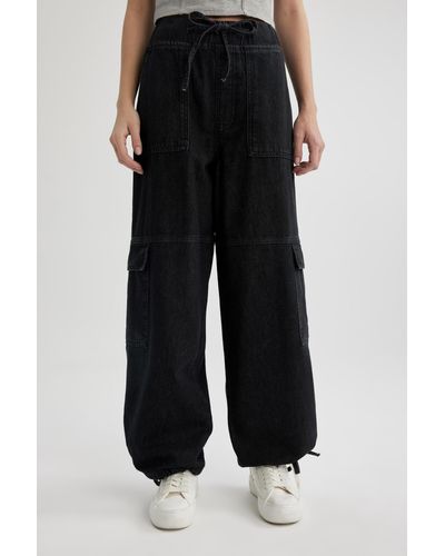 Defacto Cargo jogger high waist jeans mit schnürung am bein in knöchellänge waschbare hose b9318ax24sp - Schwarz