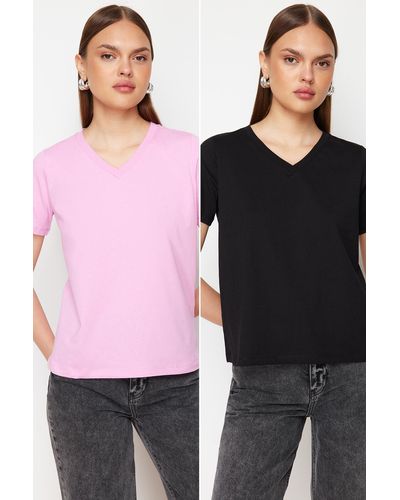 Trendyol Rosa 100% baumwolle 2er-pack basic v-ausschnitt strick-t-shirts - Schwarz