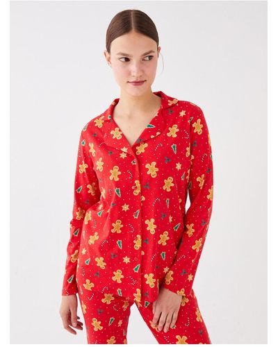 LC Waikiki Langarm-pyjama-set mit hemdkragen und neujahrsmotiv - Rot