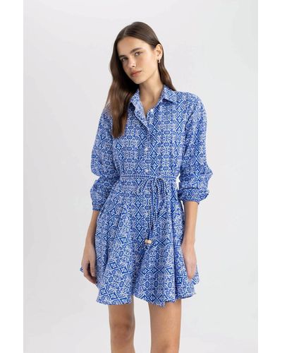 Defacto Bedrucktes minikleid aus frottee-baumwolle mit hemdkragen und langen ärmeln - Blau