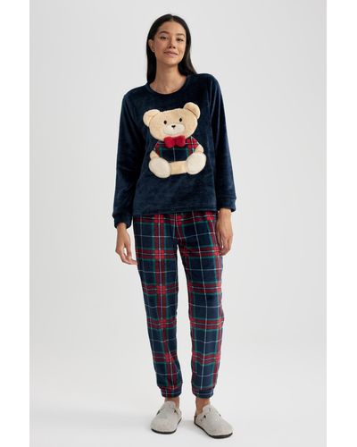 Defacto Verlieben sie sich in ein langärmliges teddybär-polar-pyjama-set mit regulärer passform - Blau