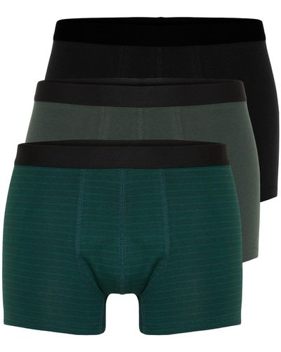 Trendyol 3er-pack boxershorts aus grün-schwarz gestreifter und unifarbener baumwollmischung