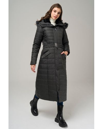 Olcay Abnehmbarer, pelziger, gesteppter langer mantel mit kapuze und reißverschlusstasche, anthrazit - Schwarz