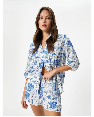 Koton Langärmliges pyjamaoberteil aus viskose mit hemdkragen und blumendruck - Blau