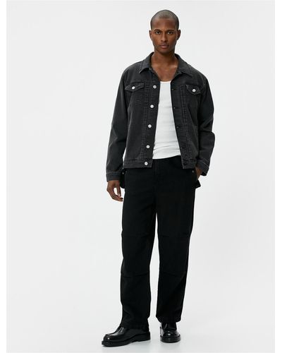 Koton Gewaschene jeansjacke mit klassischem kragen und tasche, detailliert, geknöpft - Schwarz