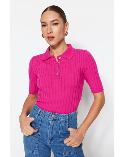 Trendyol Fuchsia basic-strickpullover im t-shirt-look mit polokragen - Pink