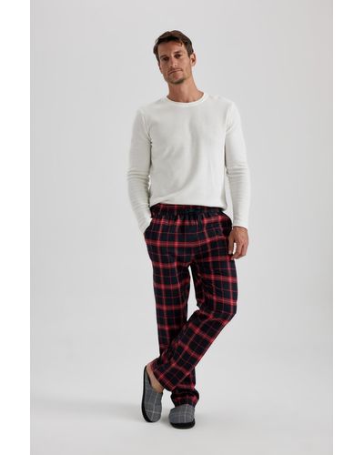 Defacto Flanell-pyjamahose mit normaler passform und karomuster - Weiß
