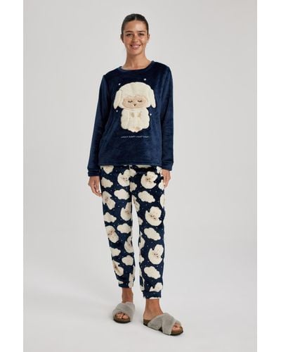 Defacto Langärmeliges fleece-pyjama-set "fall in love" mit muster - Blau