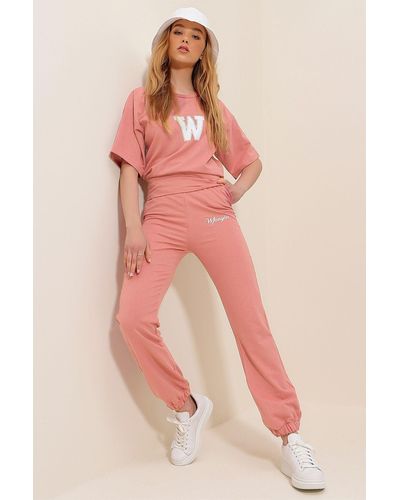 Trend Alaçatı Stili Trainingsanzug-set mit aufdruck w in puder - Pink