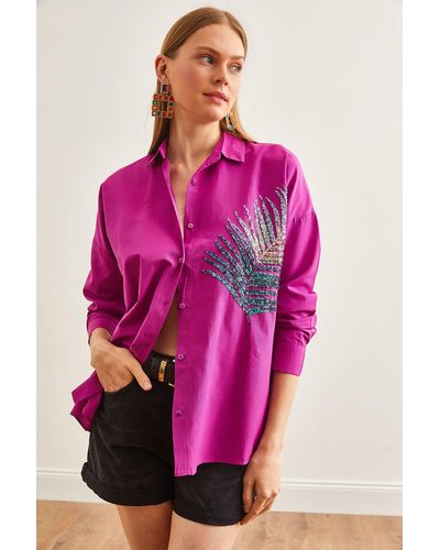 Olalook Popeline oversize bluse violett mit palmenpailletten-detail - Pink